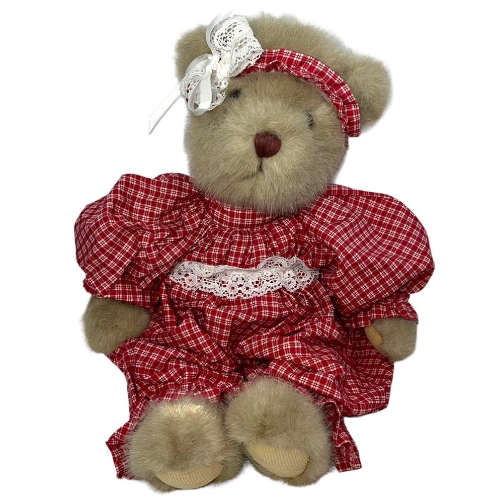 Russ Berrie Teddy Bear 17” Trafalgar Checked Red Romper Headband Lace‎ Weighted